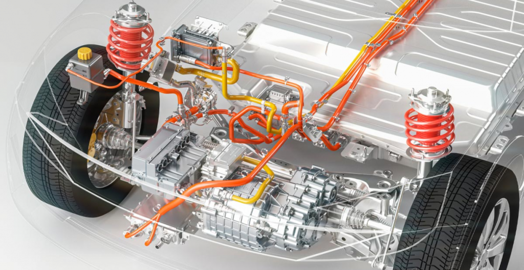 Transparent view of a car's suspension and engine system with visible electrical wiring and components.