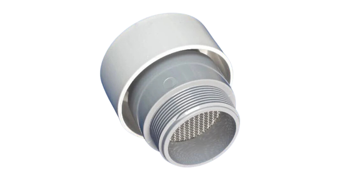 metal respirator filter component with threaded fittings.