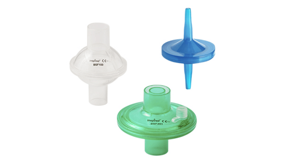 Three bacterial filters in transparent, green, and blue designs for medical use.